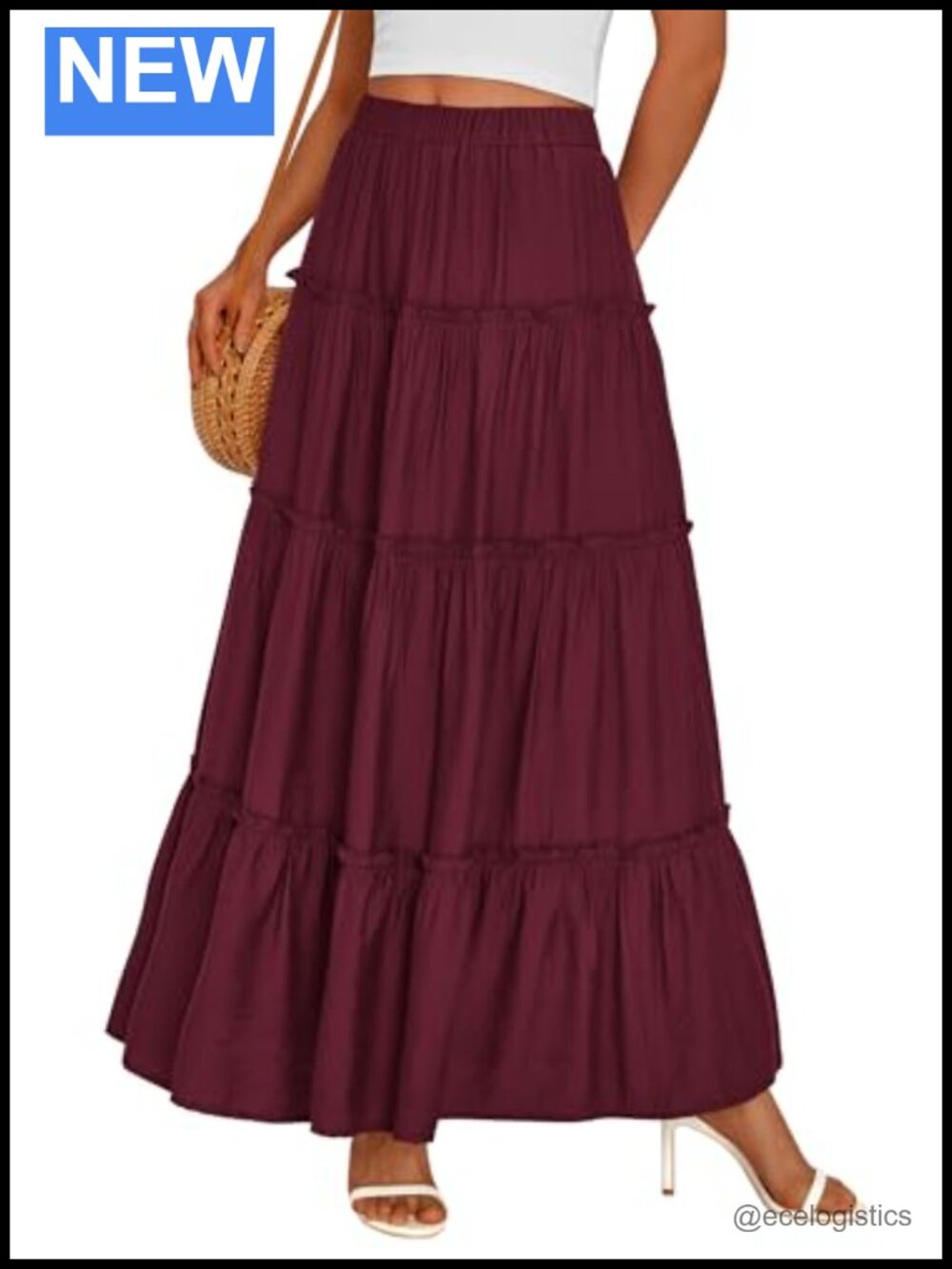 Boho Tiered Ruffle Flowy Maxi Skirt Elastic Waist Pockets